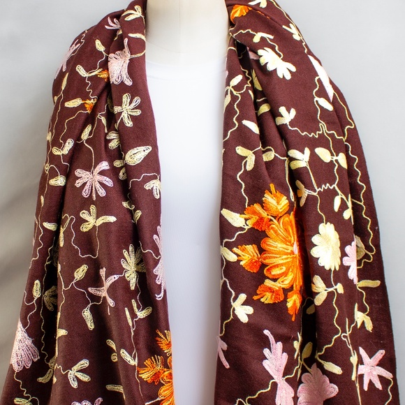 KASHMIRI Floral Shawl | Kashmir Wool Hand-Embroidered Floral Shawl | 72” x 24” - Picture 5 of 11